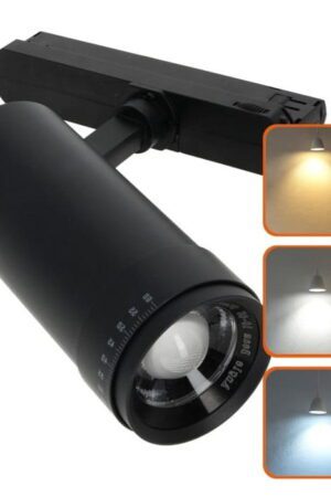 Reflektor LED szynowy 20W, czarny – regulowany kąt 10–60°, 3 barwy światła