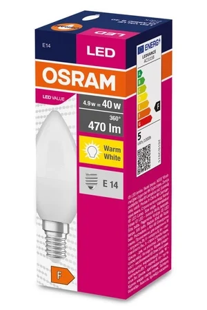 Żarówka LED B37 Świeczka E14 4.9W = 40W 470lm 2700K Ciepła 200° VALUE CLASSIC Osram